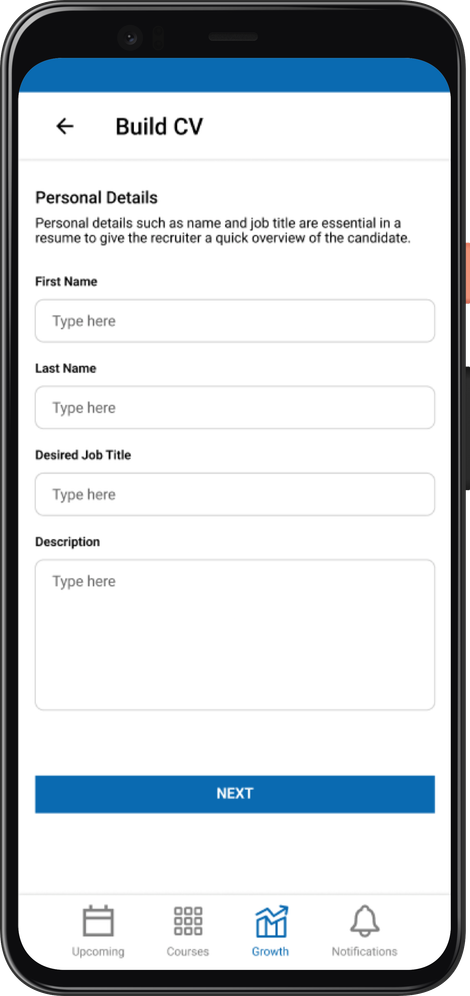 Build CV personal-details step with name, desired job title and description fields; original case study, page 10