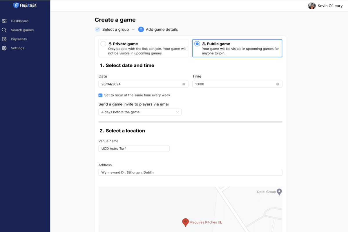 Create game form built for hosts to add match details