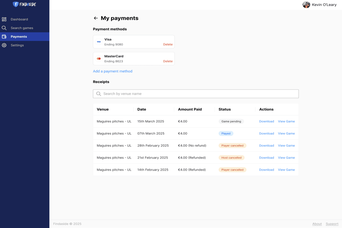 Payments screen for tracking match-related payment activity