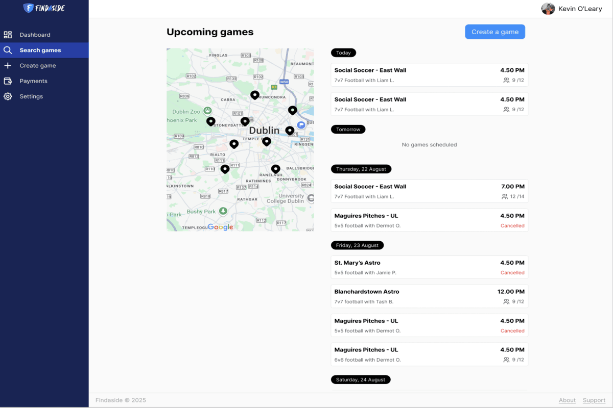 Upcoming games screen with map view and empty-state game schedule