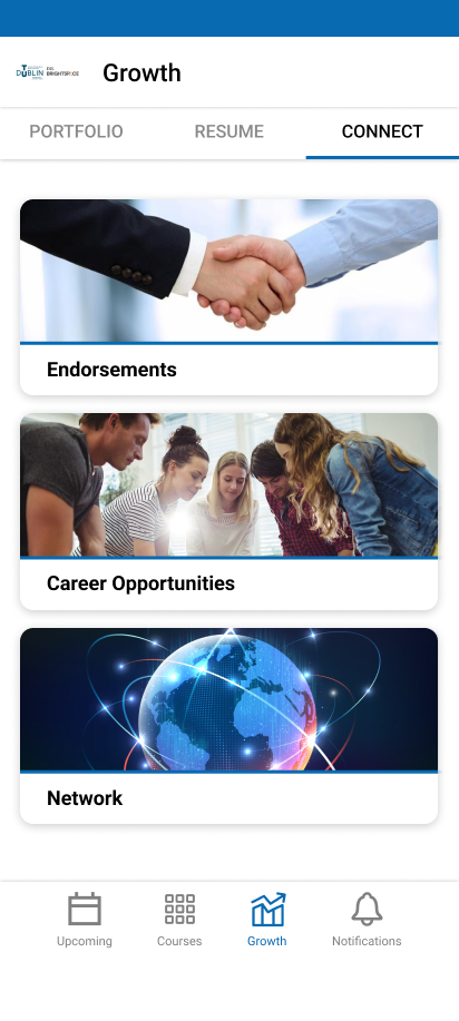 Networking home screen for connecting with people and career support