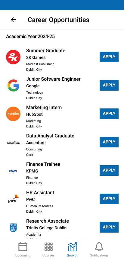 Career opportunities screen showing available growth and job-related offers