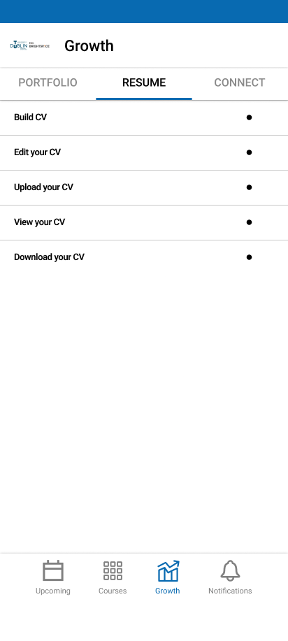 Resume tab screen showing access to the CV builder feature