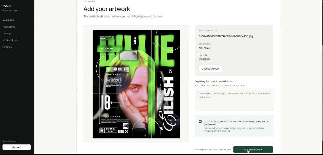 Uploaded artwork preview with source details, optional artist context and a rights confirmation