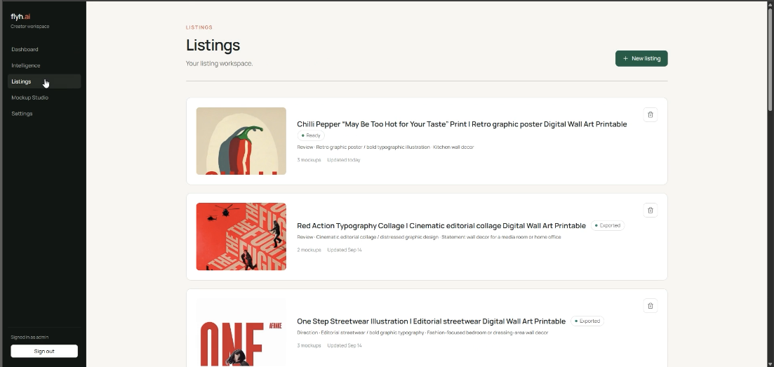 Listings workspace showing artwork thumbnails, listing titles, mockup counts and status labels