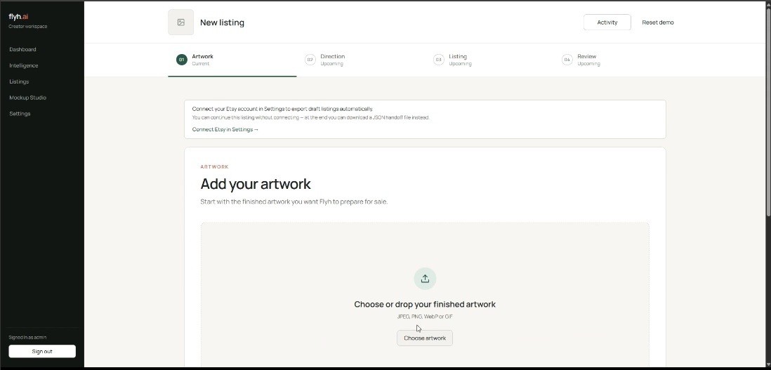 New listing flow with Artwork, Direction, Listing and Review steps and an artwork upload area