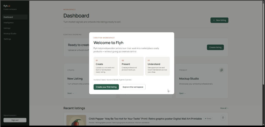 Welcome screen introducing the creator workspace through Create, Present and Understand