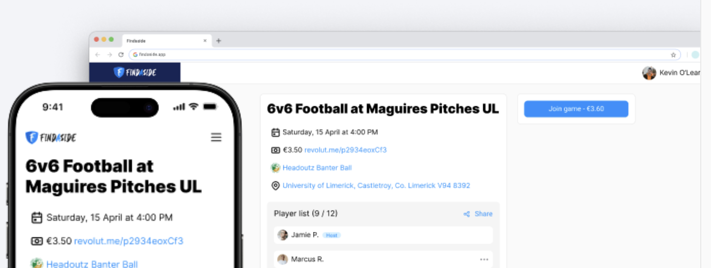 Findaside match creation and team management - desktop view
