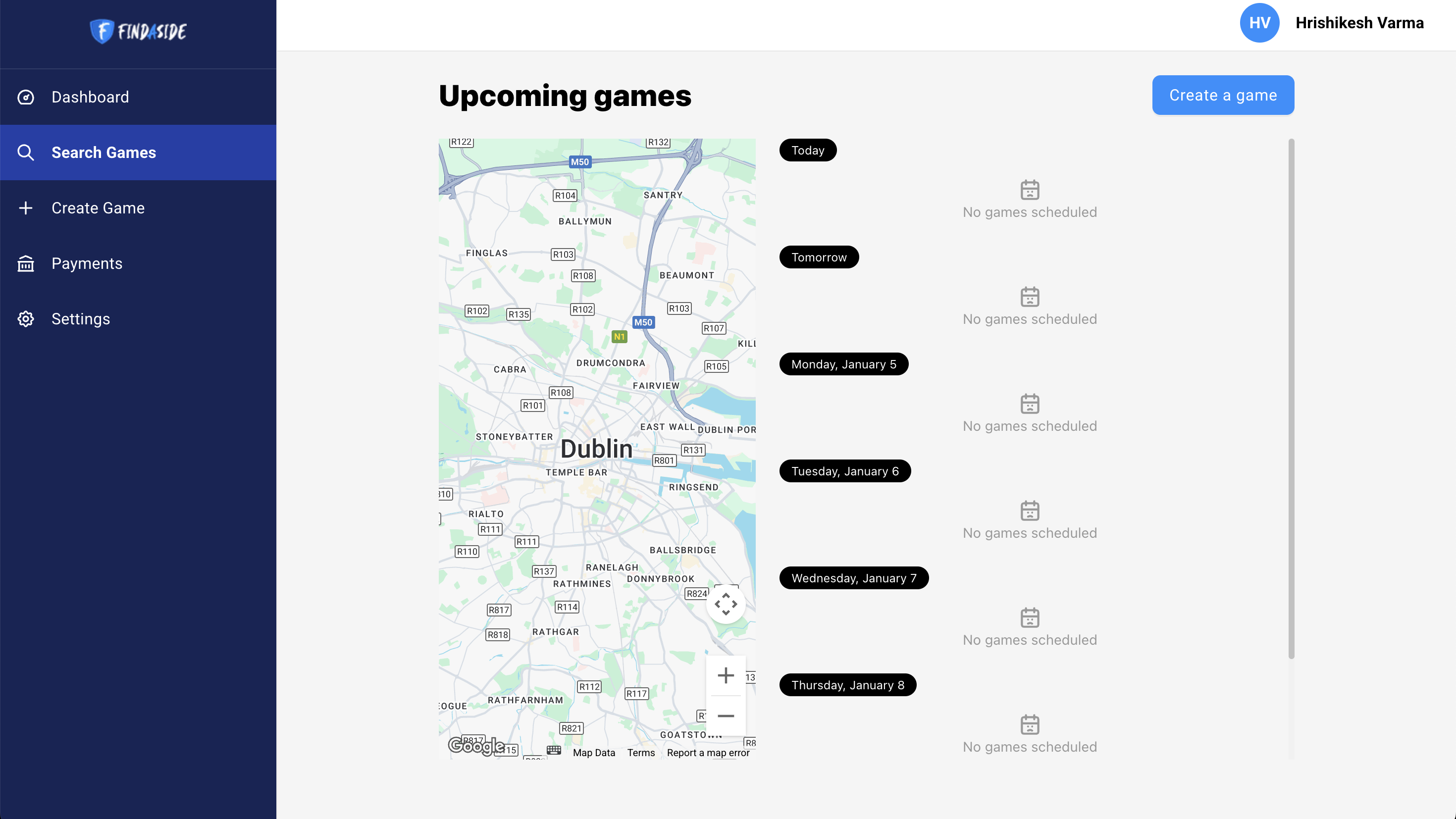 Findaside games listing and match management - desktop view